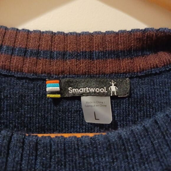SmartWool Crew Neck Sweater Mens L Navy Blue Stripe Wool Blend Pullover - Picture 3 of 7